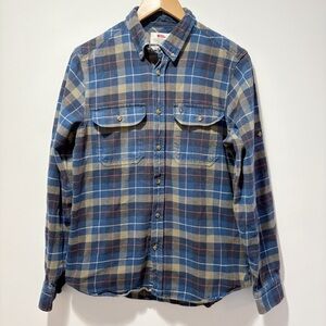 Fjallraven Singi Heavy Flannel Shirt Size Small Plaid Shacket Blue Tan Red 81373